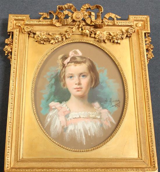 Louis Muraton (1850-1901) Portrait of a young girl with ribbon in her hair, oval, 18 x 14.5in.